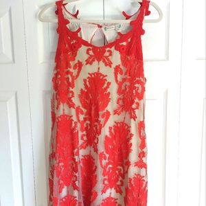 Lace tan and red mini dress L